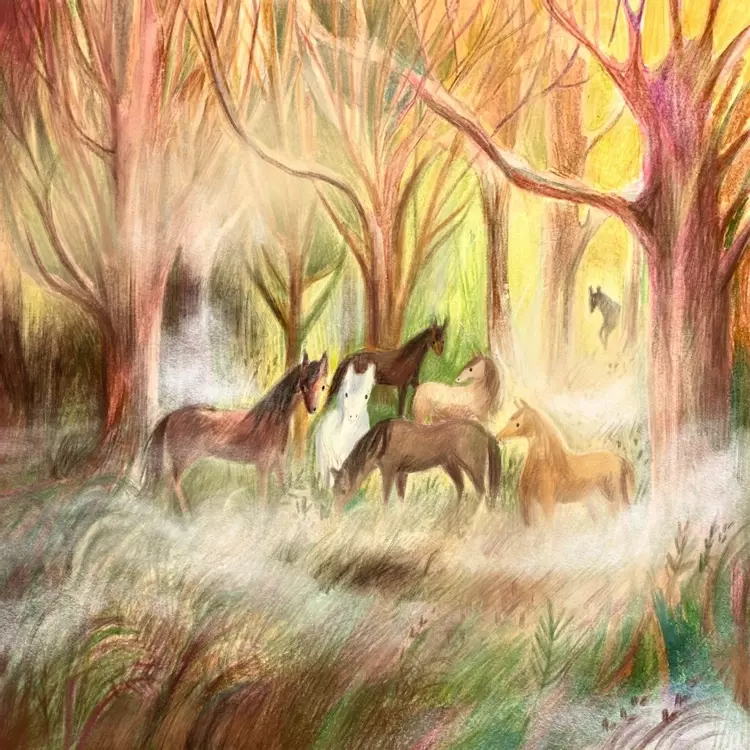 horses, horse illustration , illustration of wild horses, illustration of wild horses standing in a misty forest